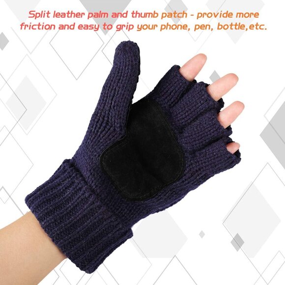 Women's Navy Winter Warm Thermal Insulation Fingerless Texting Wool Gloves - Picture 6 of 6